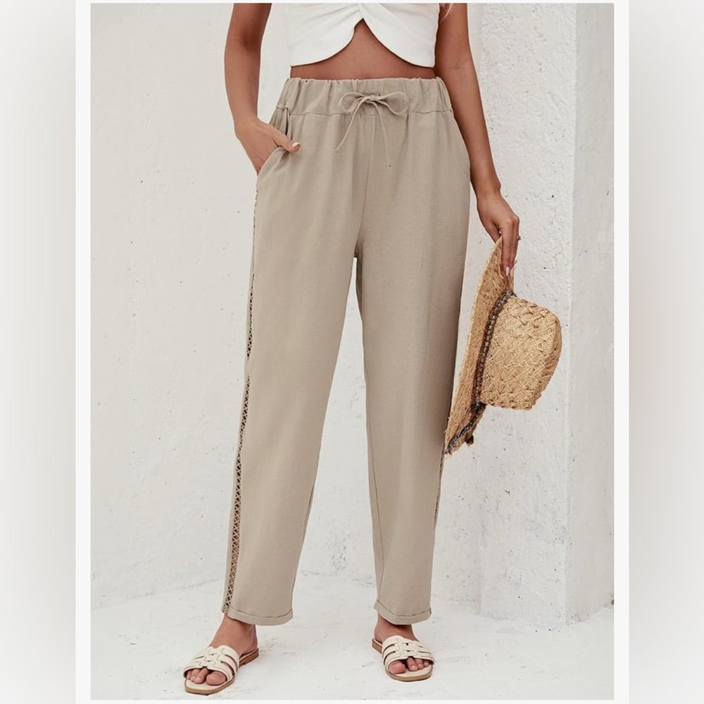 Puimentiua Linen Capri w/ Drawstring Summer Beachwear Ltwgt Elastic Waist Pants